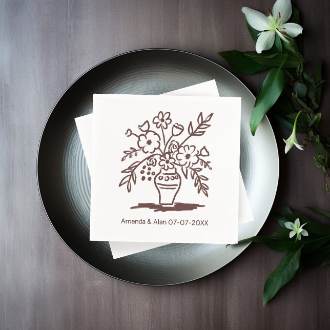 Blommigt Vas Sketch Personligt bröllp Förlovning Pappersservett (Floral Vase Sketch CUSTOM Wedding Engagement Napkins
)