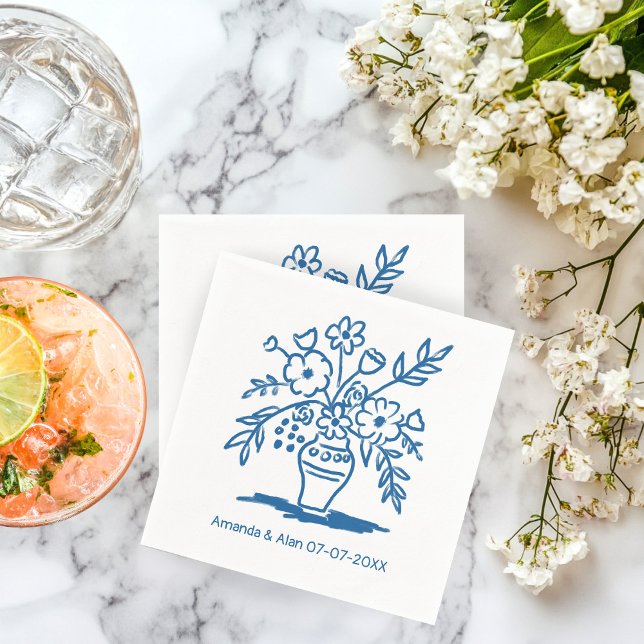 Blommigt Vas Sketch Personligt bröllp Förlovning Pappersservett (Floral Vase Sketch CUSTOM Wedding Engagement Napkins
)