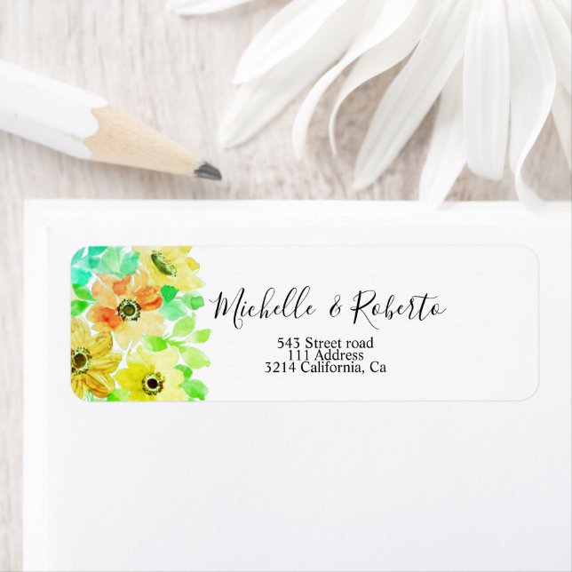 Blommigt vatten gult grönt returadress etikett (Insitu)