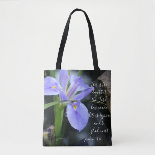 Blommigt (vatten iris) med versaler från Psalm 118 Tygkasse
