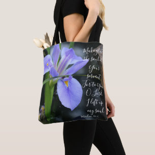 Blommigt (vatten iris) med versaler från Psalm 86: Tygkasse