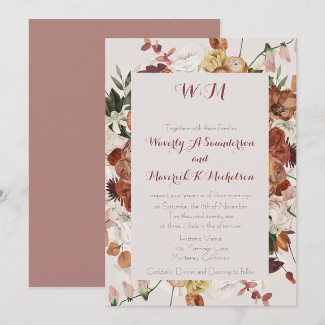 Blommigt Vattenfärg Bränn Orange Dusty Ro Elegant Inbjudningar (Fram/baksida)