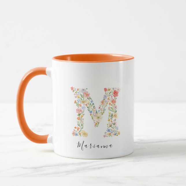 Blommigt Vattenfärg Brev M Monogram och eget namn Mugg (Vänster)