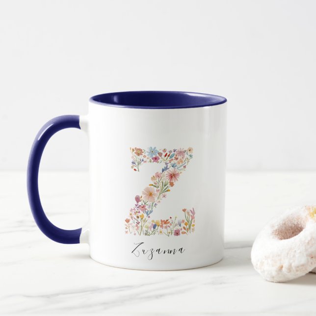 Blommigt Vattenfärg Brev Z Monogram och eget namn Mugg (Med munk)