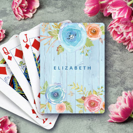 Blommigt, vattenfärg, eget namn på rundblått trä casinokort