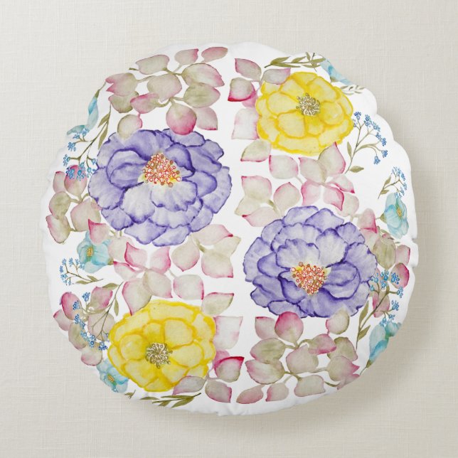 Blommigt vattenfärg elegant mönster dekorativ kudd rund kudde (Framsidan)