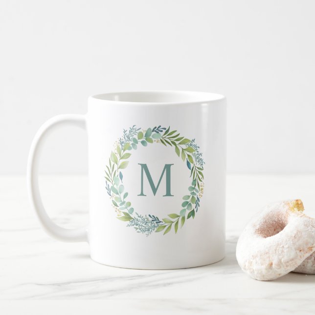 Blommigt Vattenfärg Eucalyptus Utandning MonogramM Kaffemugg (Med munk)