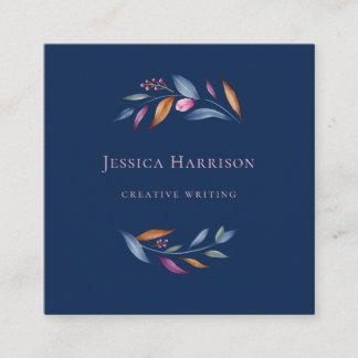 Blommigt vattenfärg för marin blå  Rosa - minimali Fyrkantigt Visitkort