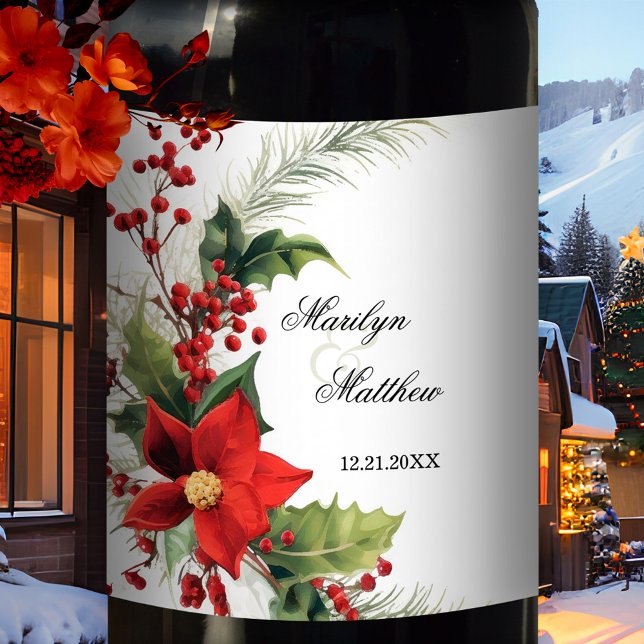 Blommigt Vattenfärg Första jul tillsammans Vinflaska Etikett (Wine label featuring a classic watercolor painting of poinsettia flowers with mistletoe and berries)
