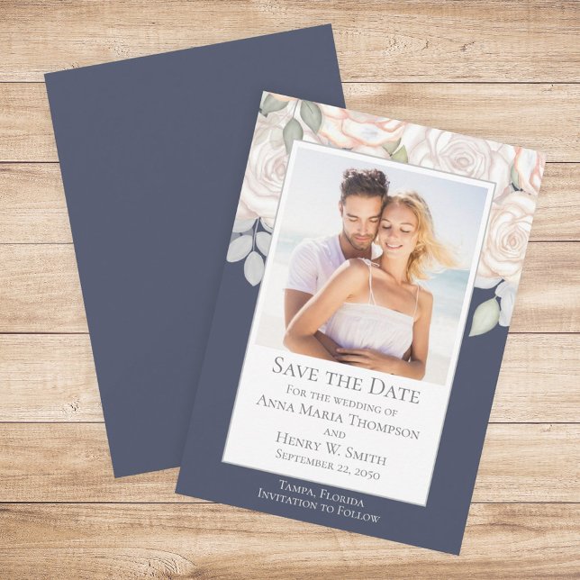 Blommigt Vattenfärg Grey Spara datum blått Inbjudningar (Skapare uppladdad)