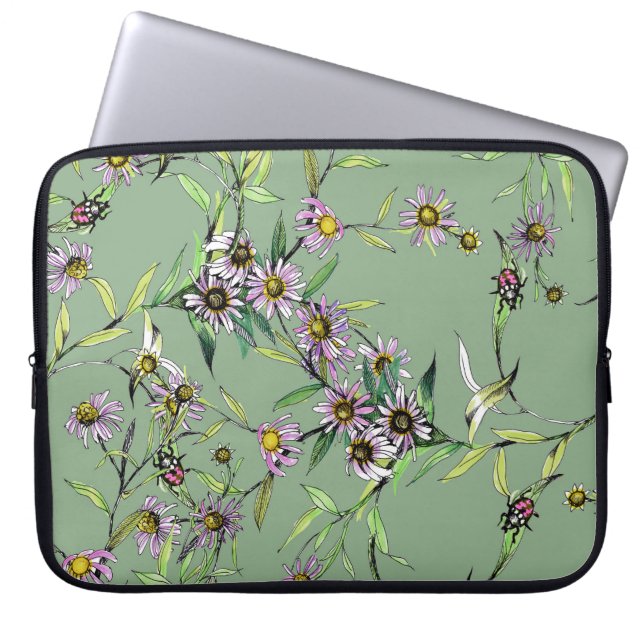 Blommigt Vattenfärg: Grönt Sömlös Mönster Laptop Fodral (Framsidan)