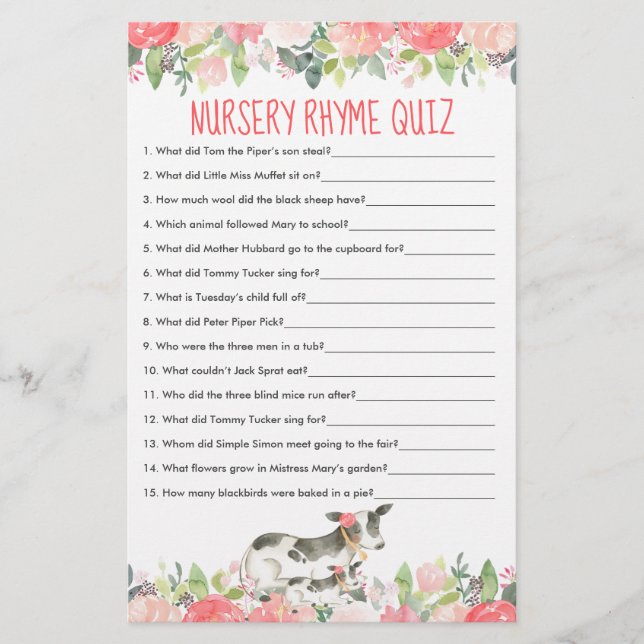 Blommigt Vattenfärg Kows Farm Nursery Rhyme Quiz (Framsida)