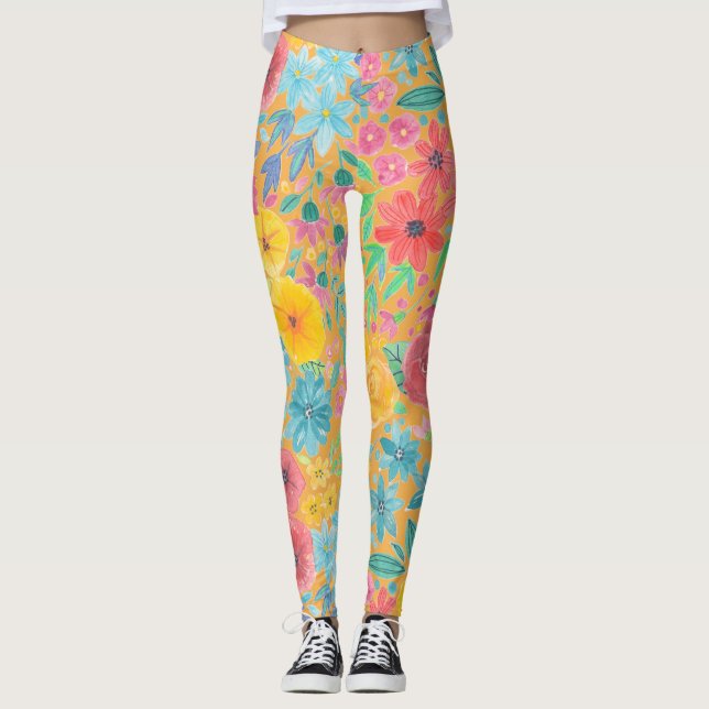 Blommigt vattenfärg mönster i gult leggings (Framsida)