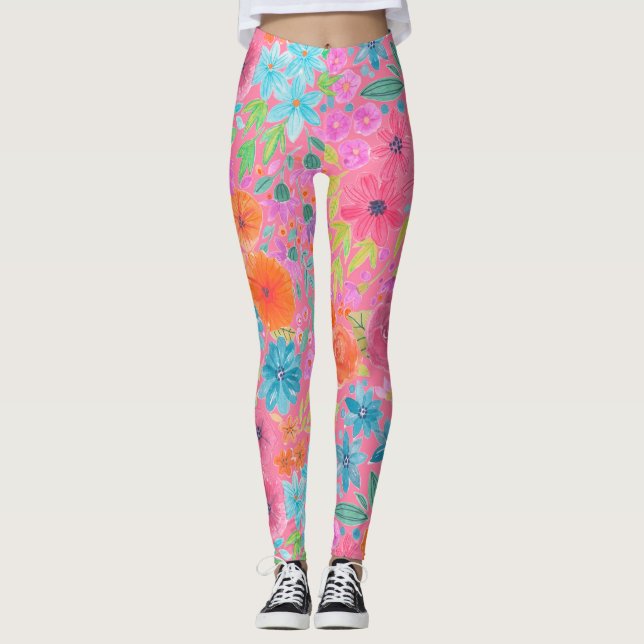 Blommigt vattenfärg mönster i rosa leggings (Framsida)