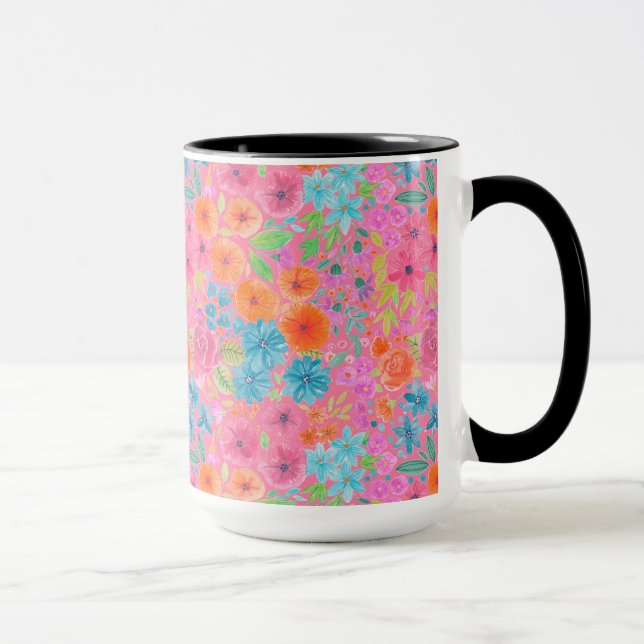 Blommigt vattenfärg mönster i rosa mugg (Höger)