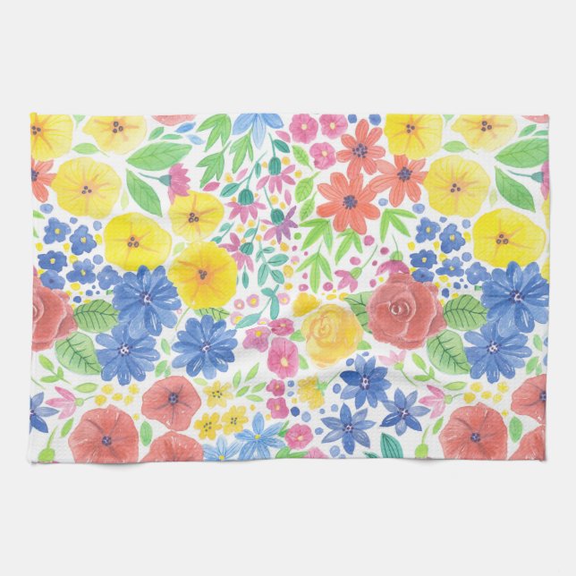 Blommigt vattenfärg mönster kökshandduk (Horisontell)