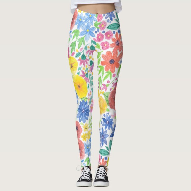Blommigt vattenfärg mönster leggings (Framsida)