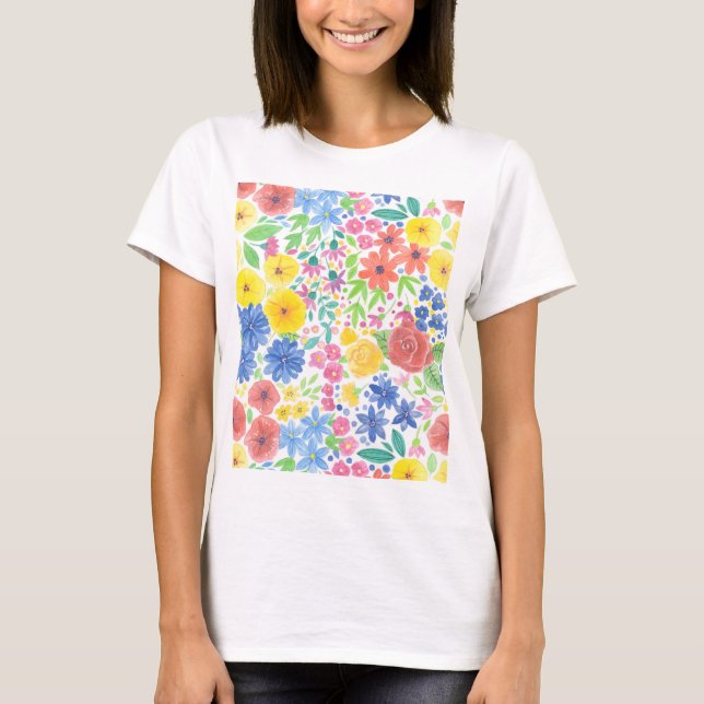 Blommigt vattenfärg mönster t-shirt (Framsida)