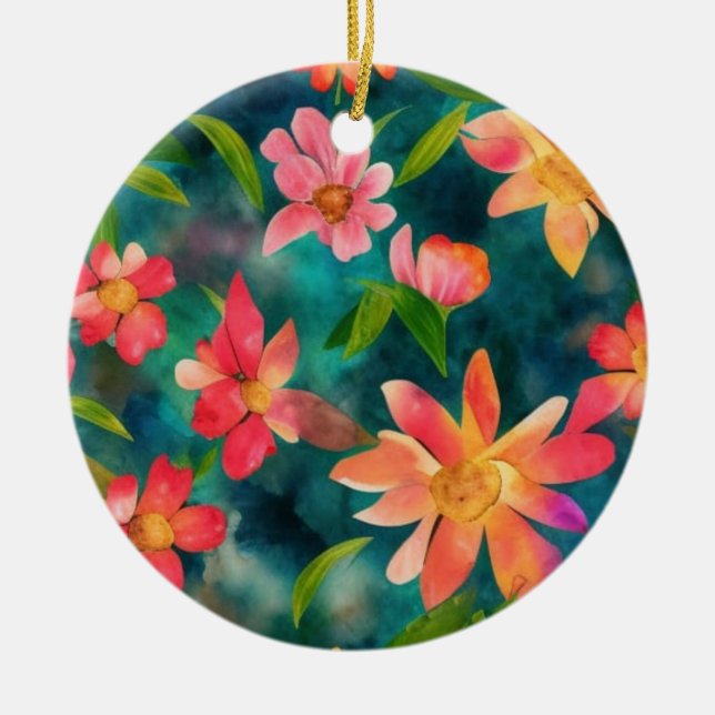 Blommigt vattenfärg mönsterdesign julgransprydnad keramik (Framsidan)