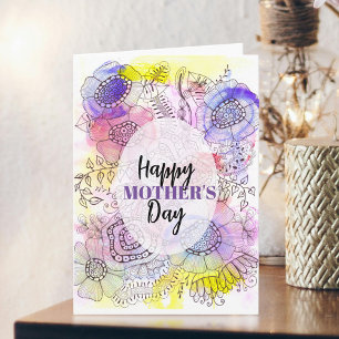 Blommigt Vattenfärg och Bläck Line Art Mors dag Kort