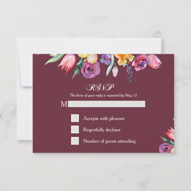Blommigt Vattenfärg på Burgundy OSA och meny (Framsida)