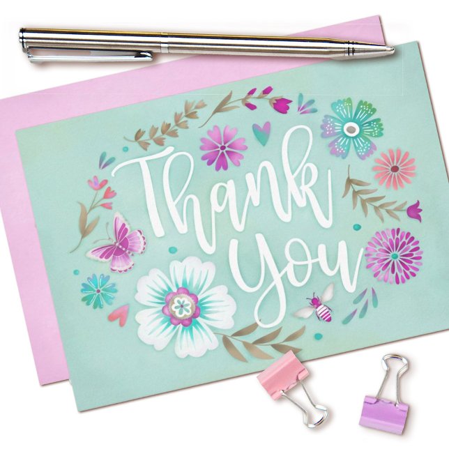 Blommigt vattenfärg Platt tackkort Tack Kort (Pretty floral script thank you card with watercolor flowers.)
