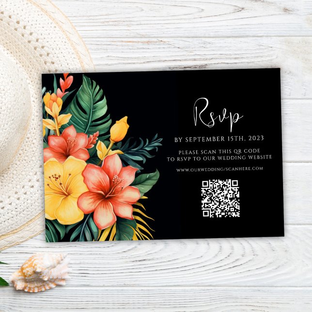 Blommigt Vattenfärg QR-kod Tropical Bröllop OSA Kort (Floral Watercolor QR Code Tropical Wedding RSVP Card)