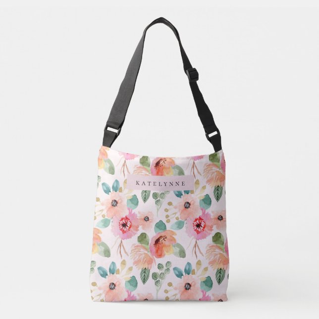 Blommigt Vattenfärg Tote Flowers Crossbody Bag Axelväska (Framsida)