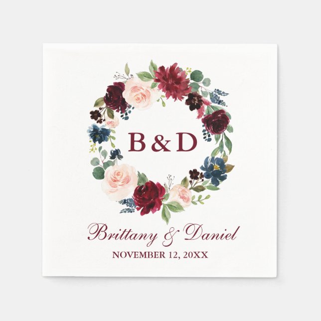 Blommigt Vattenfärg Utandning Blått Bröllop Pappersservett (Framsidan)