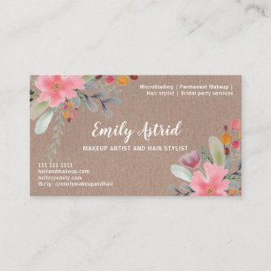 Blommigt, vattenfärgad makeup-hårtypografi visitkort