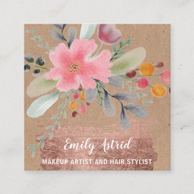 Blommigt vattenfärgat makeup-hår kraftverk ro guld fyrkantigt visitkort (Framsida)