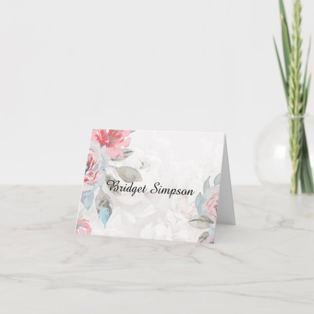 Blommigt vattenfärgat ro-bröllop-monterat sittplat tack kort (Framsida)