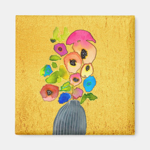 Blommigt vattenfärgblommor i vas magnet