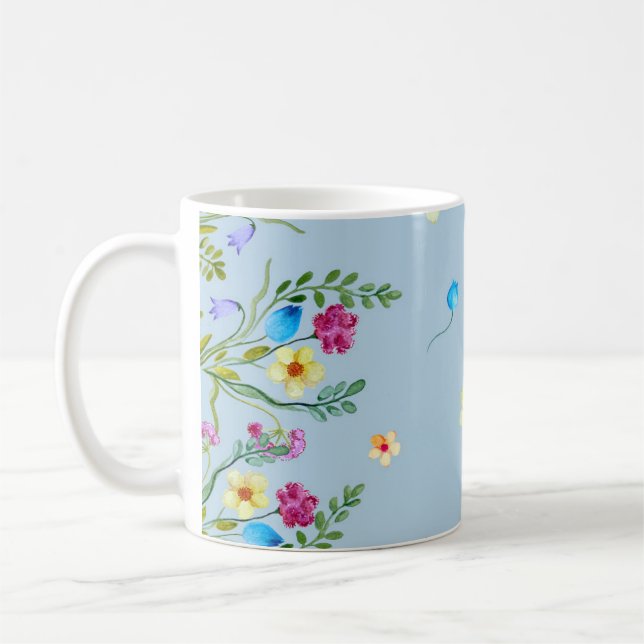 Blommigt vattenfärgen mönster i blått toner kaffemugg (Vänster)