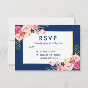 Blommigt Vattenfärgen Rosa Blue Guld OSA Bröllop B Kort