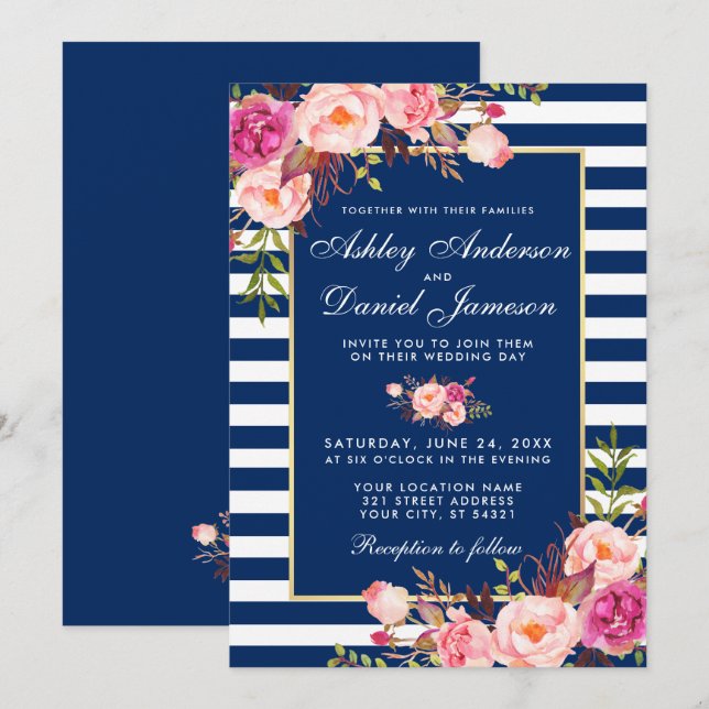 Blommigt Vattenfärgen Rosa Blue Rand Bröllop Inbjudningar (Fram/baksida)