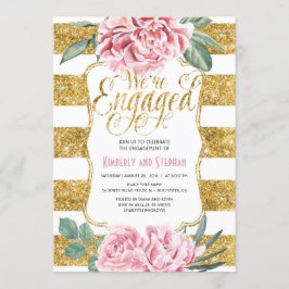Blommigt Vattenfärger Guld Glitter, Förlovningsfes Inbjudningar