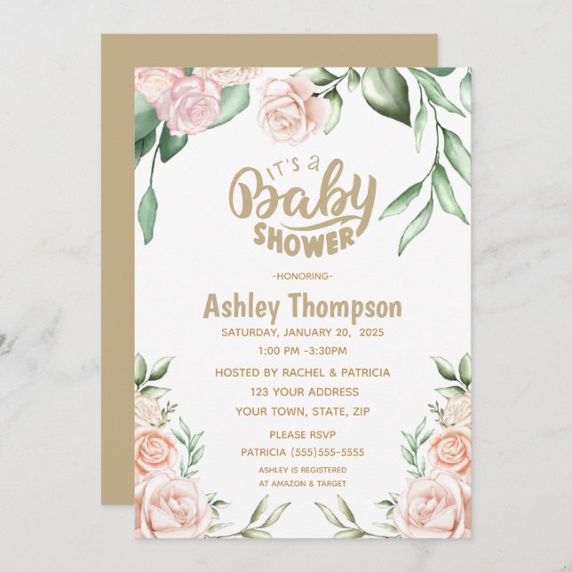 Blommigt Vattenfärgning  Rosa Babykläder Inbjudningar (Fram/baksida)