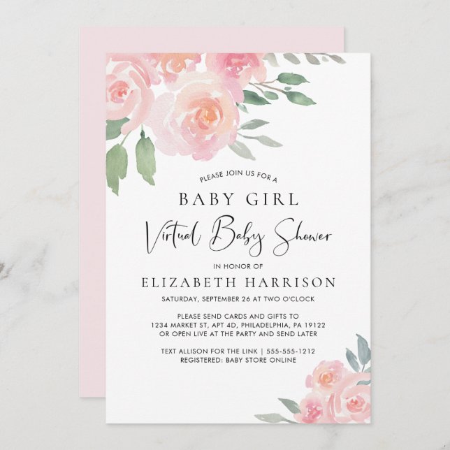 Blommigt Vattenfärgning Rosa Flicka Virtuell Showe Inbjudningar (Fram/baksida)