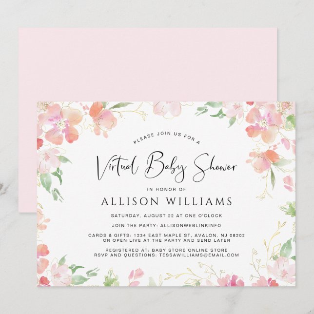 Blommigt Vattenfärgning Virtuell Rosa Guld Babyklä Inbjudningar (Fram/baksida)