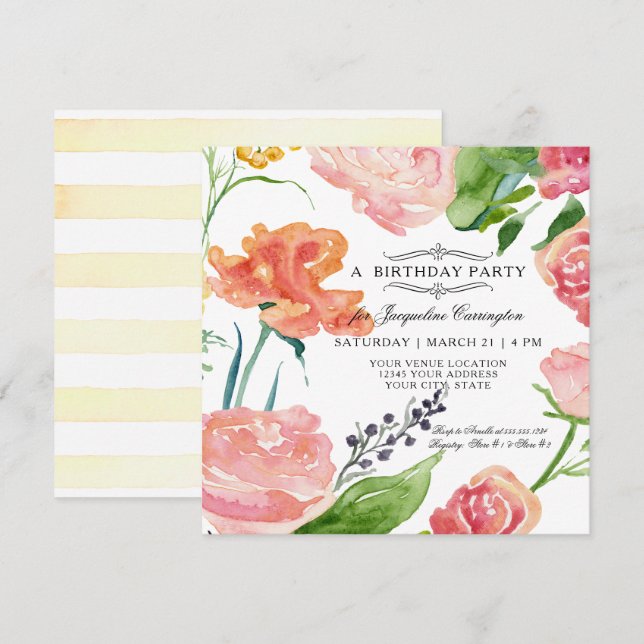 Blommigt Vattenfärgsblomma Modern Rosa ros Löv-blo Inbjudningar (Fram/baksida)