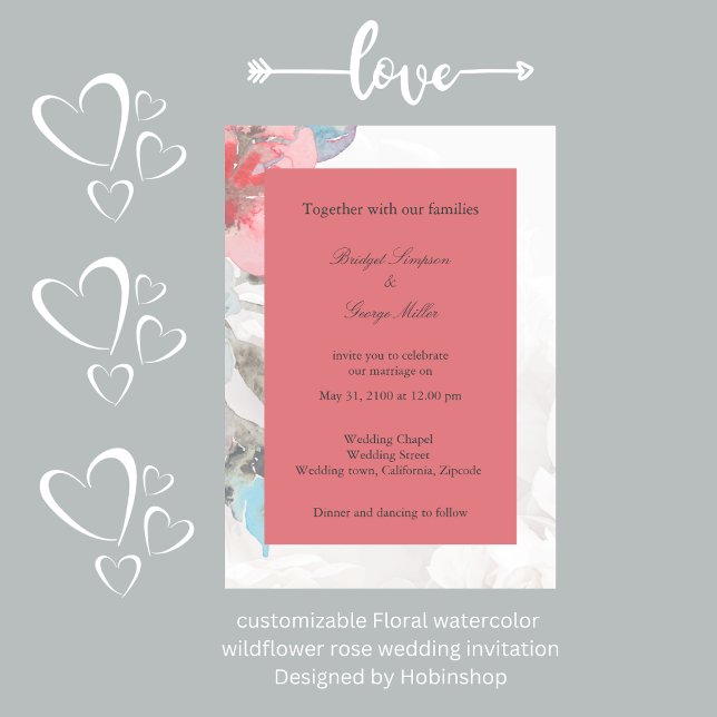 Blommigt vattenfärgsblomma ro bröllop inbjudningar (customizable Floral watercolor 
wildflower rose wedding invitation
Designed by Hobinshop)