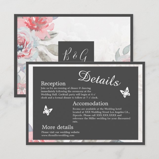 blommigt vattenfärgsblomma ro peony bröllop tilläggskort (Fram/baksida)
