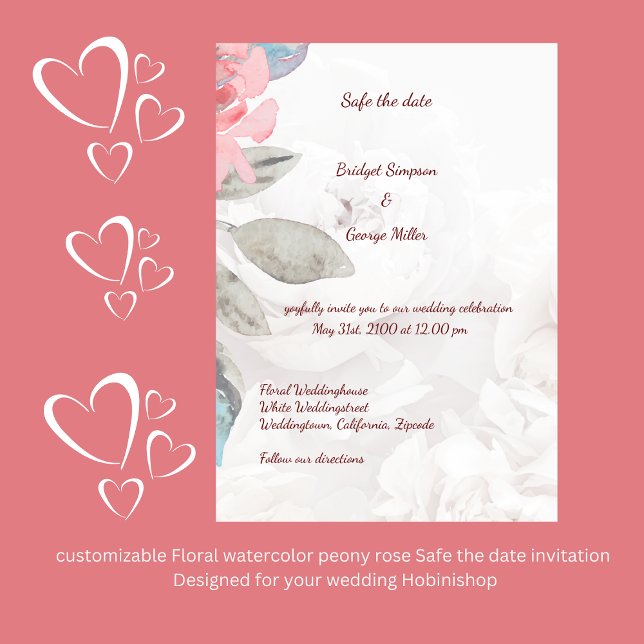 Blommigt vattenfärgsblomma ro säkra datumet inbjudningar (customizable Floral watercolor peony rose Safe the date invitation 
Designed for your wedding Hobini)