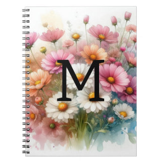 Blommigt vattenfärgsblommor i monogram rosa daisy anteckningsbok