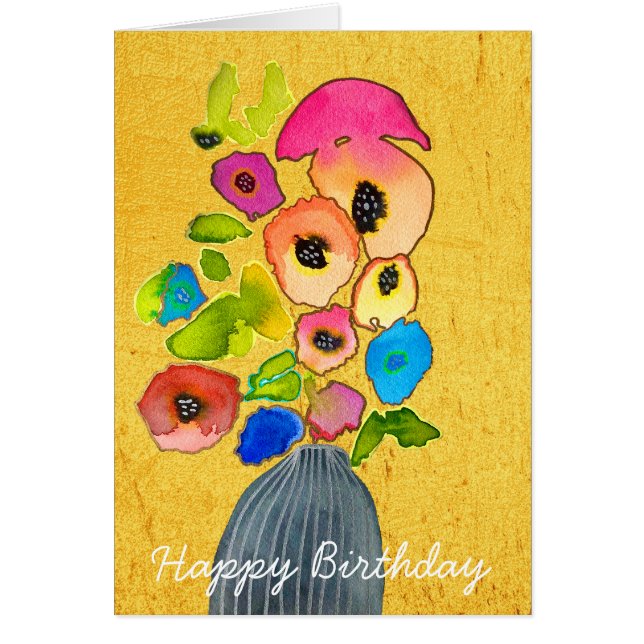 Blommigt vattenfärgsblommor i vas hälsningskort (Framsidan)