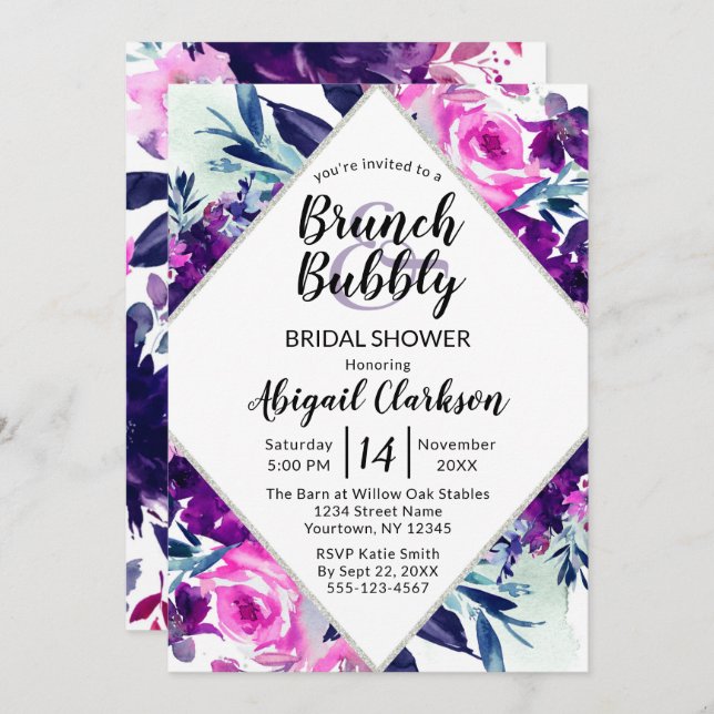 Blommigt VattenfärgsBrunch & Bubly-Möhippa Inbjudningar (Fram/baksida)