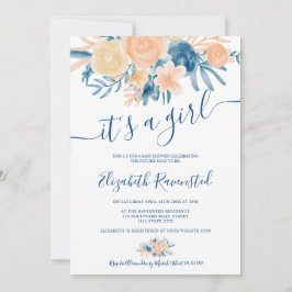 Blommigt vattenfärgsdusch för marinblå persikobebi inbjudningar