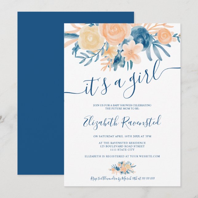 Blommigt vattenfärgsdusch för marinblå persikobebi inbjudningar (Fram/baksida)