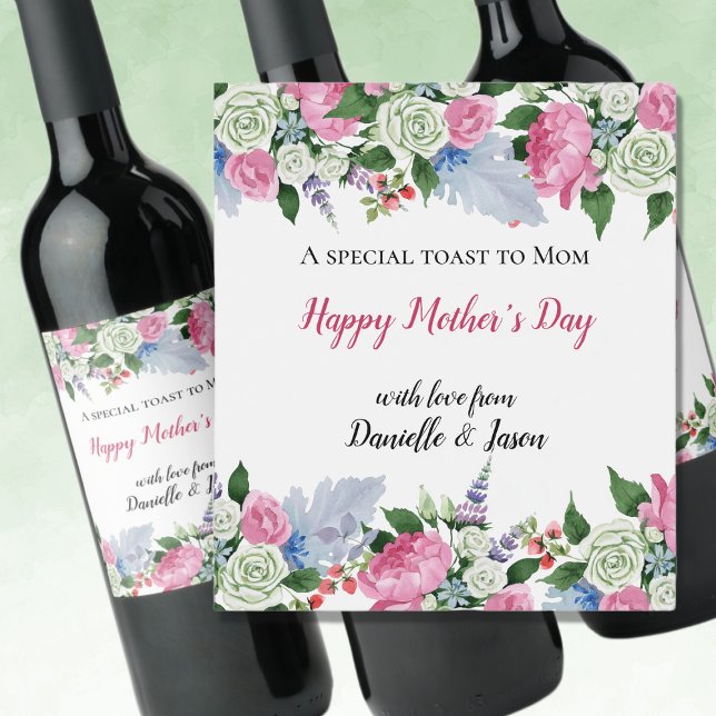 Blommigt Vattenfärgsetikett Mors dag Vin Vinflaska Etikett (Skapare uppladdad)